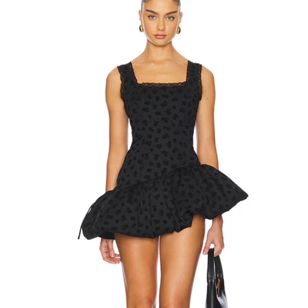 For Love & Lemons Claira Asymmetric Mini Dress Bubble Hem Black Size Small NWT